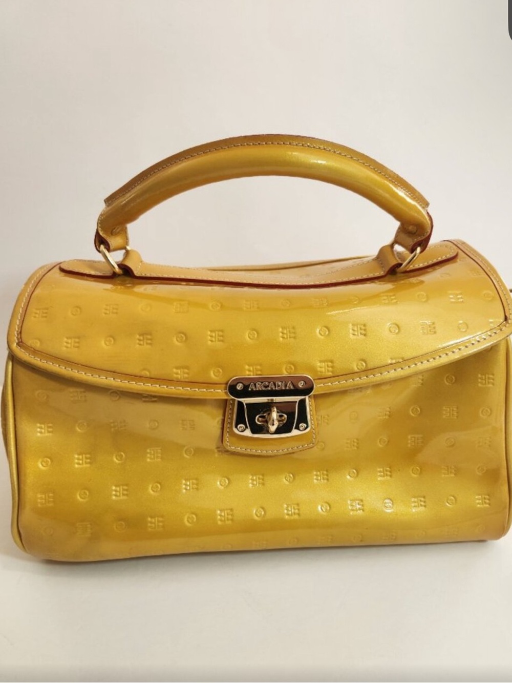 ARCADIA gold yellow patent leather Top Handle Monogram Satchel, Made in Italy